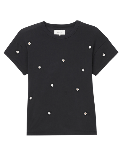 The Boxy Crew. Embroidered -- Almost Black With Daisy Embroidery