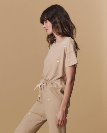 The Boxy Crew. Embroidered -- Khaki with Daisy Embroidery