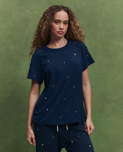 The Boxy Crew w/ Tossed Floral Embroidery. -- Navy