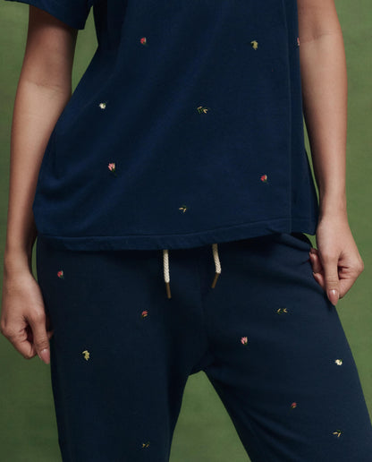 The Boxy Crew w/ Tossed Floral Embroidery. -- Navy