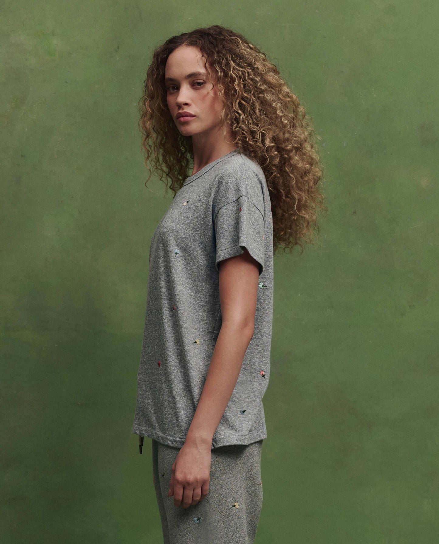 The Boxy Crew w/ Tossed Floral Embroidery. -- Heather Grey