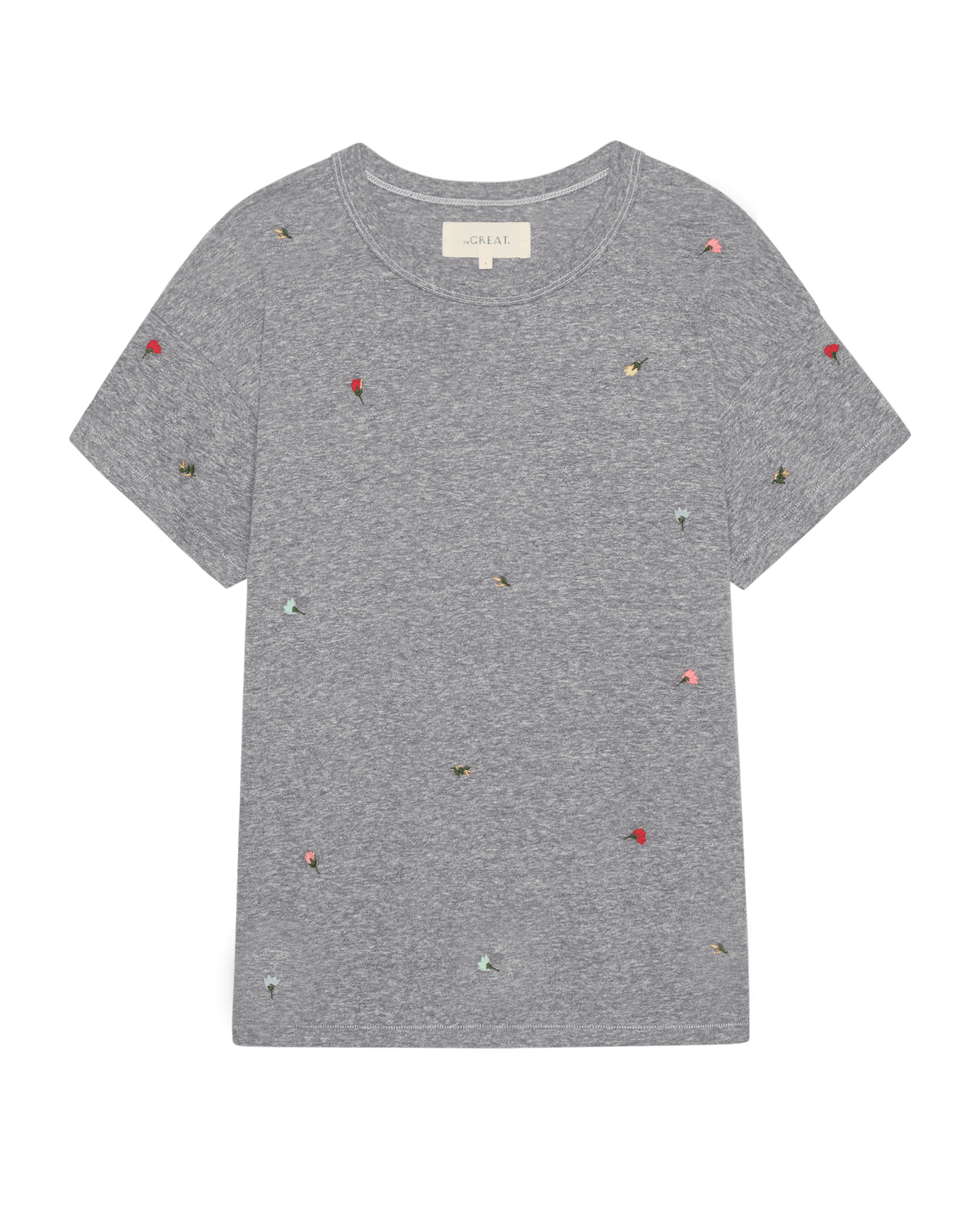 The Boxy Crew w/ Tossed Floral Embroidery. -- Heather Grey
