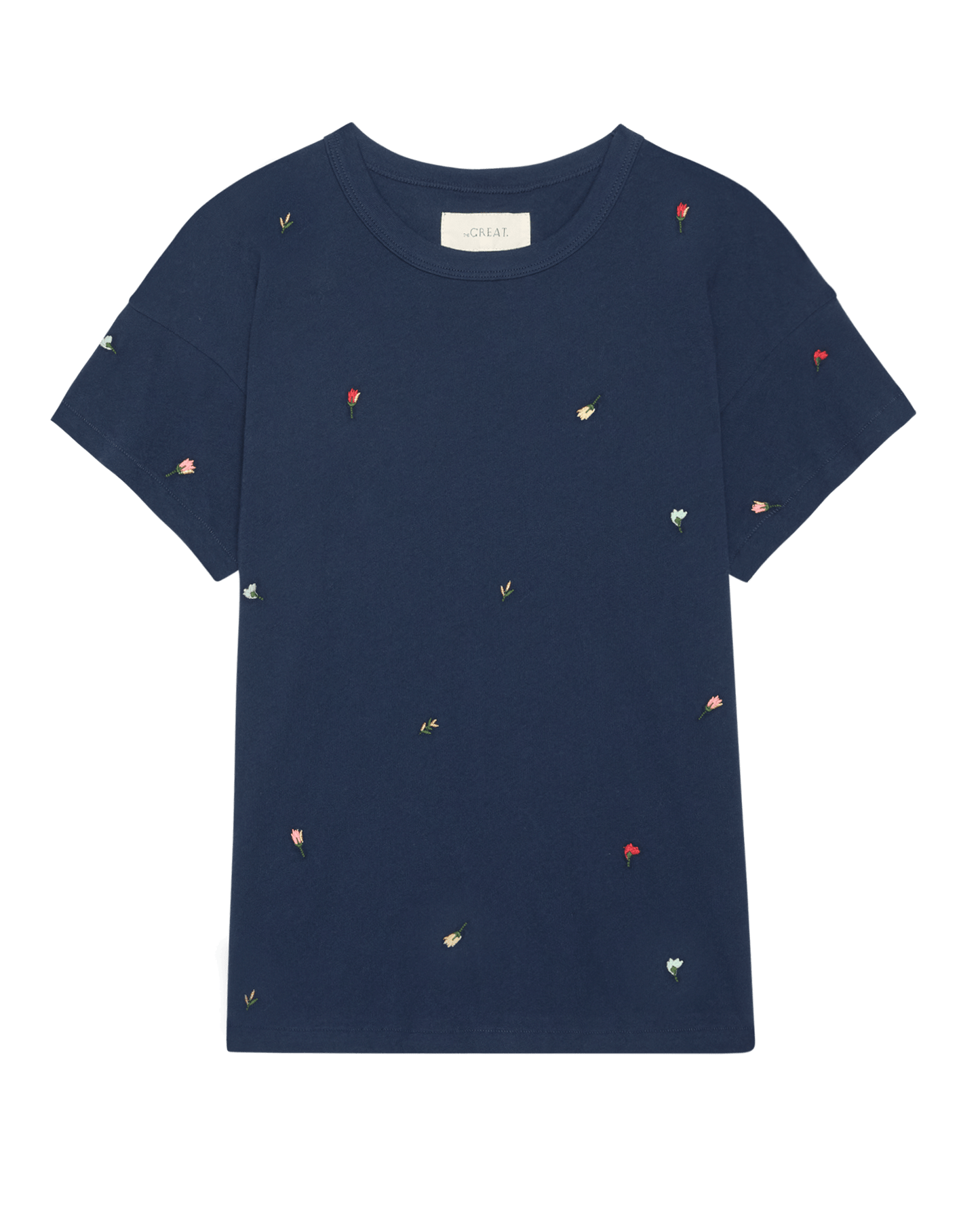 The Boxy Crew w/ Tossed Floral Embroidery. -- Navy